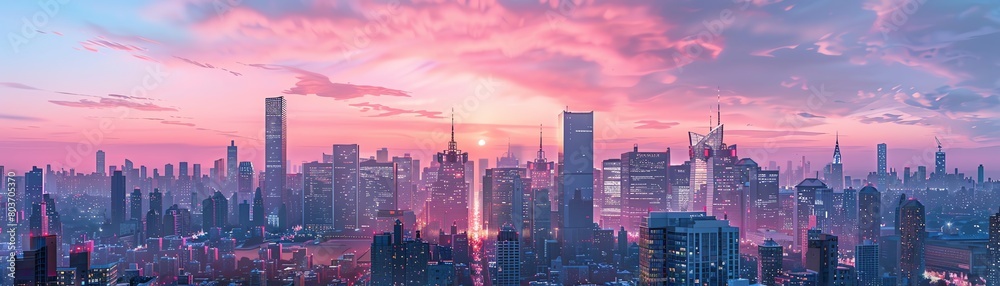 Fototapeta premium Transform a blank canvas into a vibrant urban cityscape at sunrise, with towering skyscrapers gleaming under soft pink skies Include intricate details of city life below