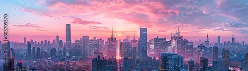 Transform a blank canvas into a vibrant urban cityscape at sunrise  with towering skyscrapers gleaming under soft pink skies Include intricate details of city life below