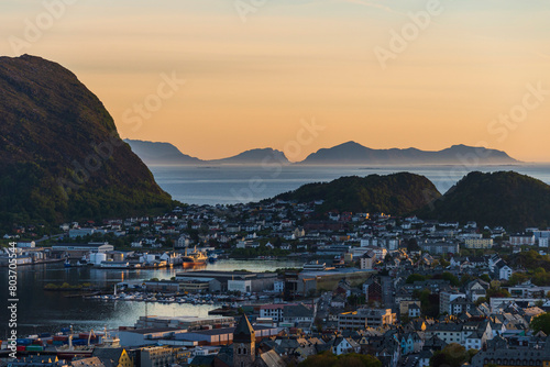 top view of Alesund during a sunset in a sunny evening, Norway © fruttuoso