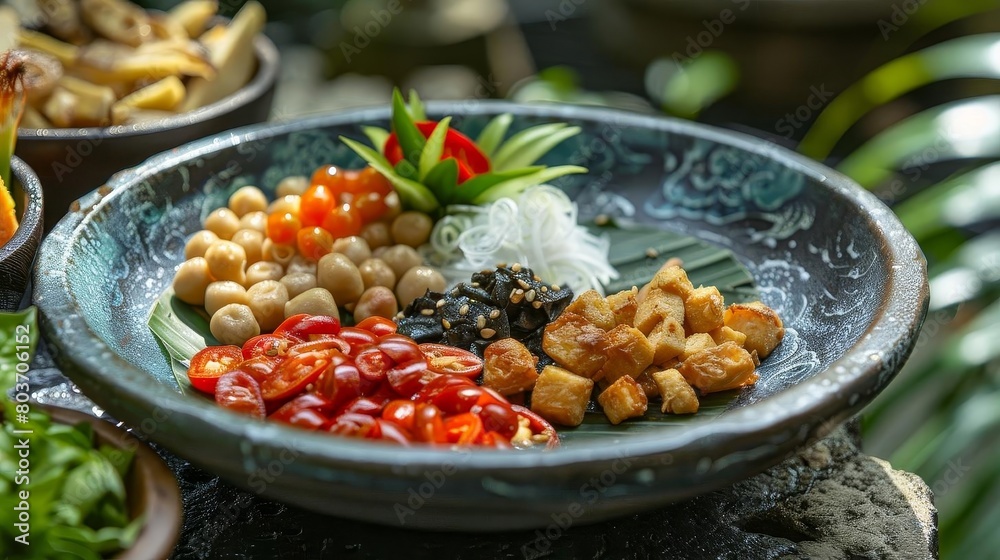 a bowl filled with a variety of food, including a red tomato, is placed on a table next to a metal a bowl filled with a variety of food, including a red tomato, is placed on a table next to a metal