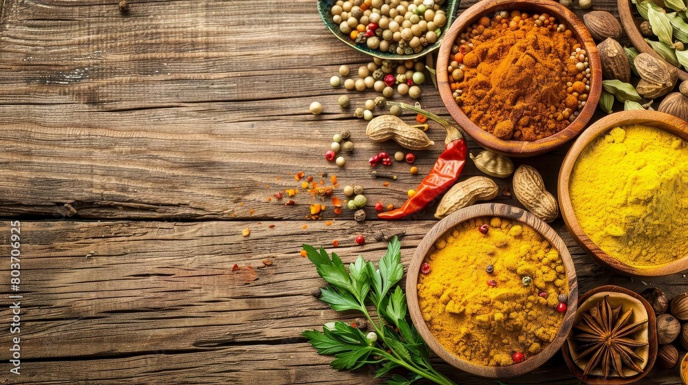 a wooden table displays a variety of spices in wooden bowls, accompanied by a green leaf