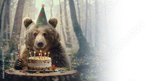 a studio portrait of a bear wearing a birthday hat in front of a birthday cake isolated on the nature 