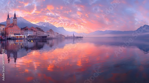 A serene lakeside town basks under a dramatic sunrise