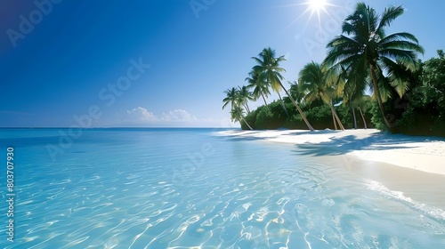 Tropical paradise with crystal-clear waters pristine beach and swaying palms