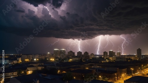 Thunderstorm over the city at night, lightning strikes in the city