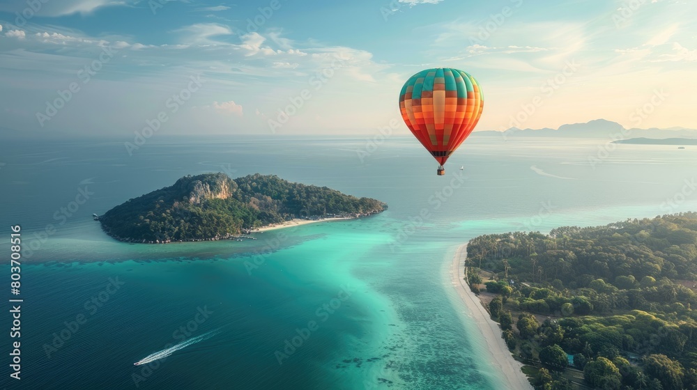 Hot air balloon floating over island with copy space area. Hot air balloon floating over island with copy space area.