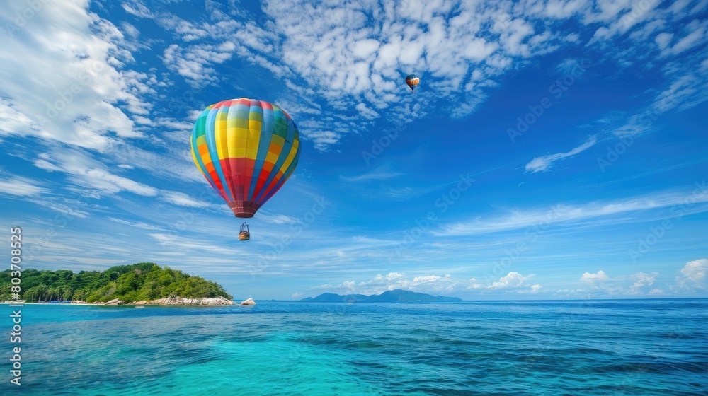 Hot air balloon floating over island with copy space area. Hot air balloon floating over island with copy space area.