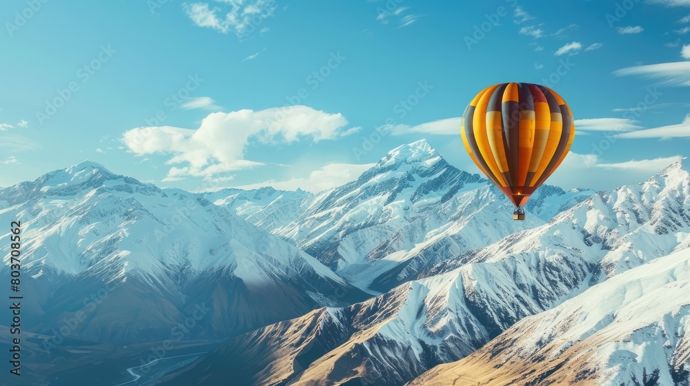 Hot air balloon floating over snow mountain with copy space area.