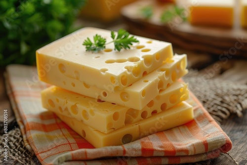 A stack of perfectly sliced Swiss cheese with its characteristic holes.