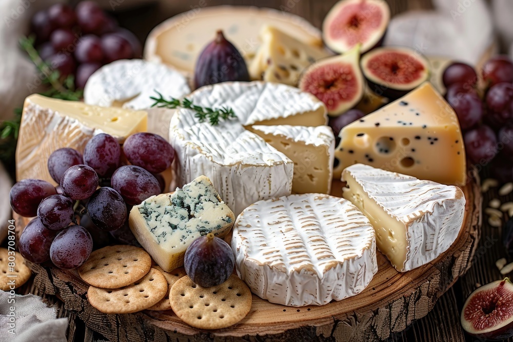 A close-up arrangement of various cheeses on a rustic wooden board, with grapes, figs, and crackers.