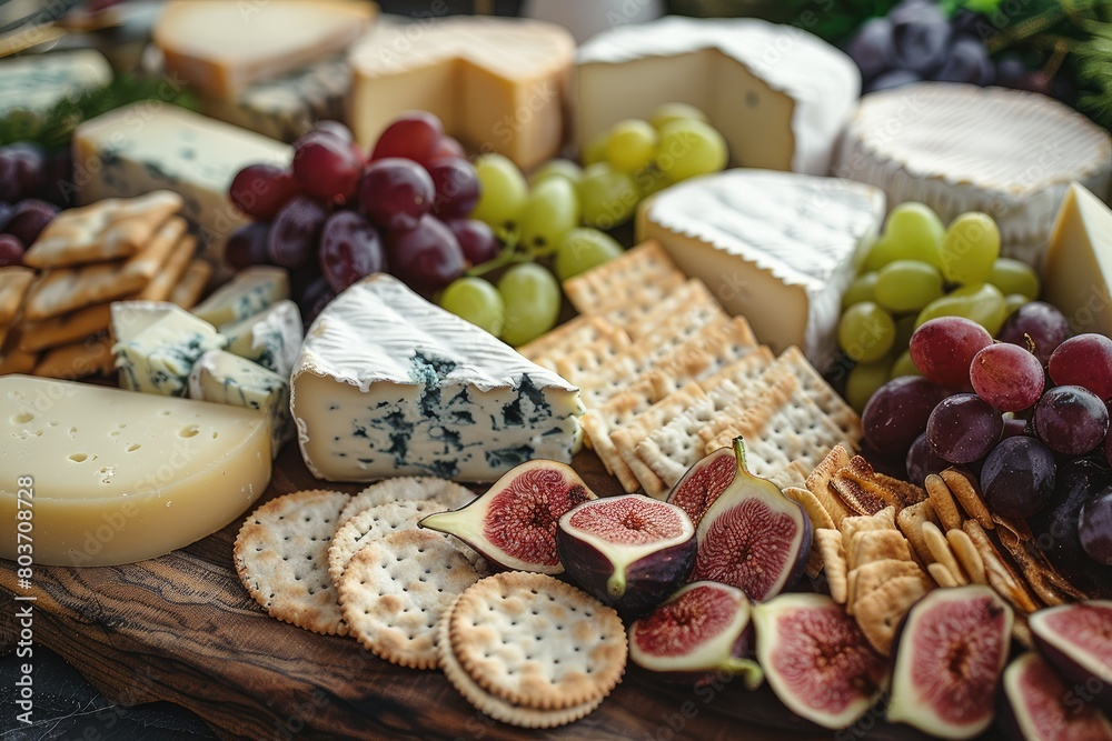 A close-up arrangement of various cheeses on a rustic wooden board, with grapes, figs, and crackers. A close-up arrangement of various cheeses on a rustic wooden board, with grapes, figs, and crackers.