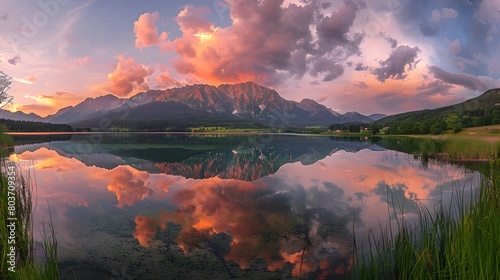 Fototapeta Naklejka Na Ścianę i Meble -  Fiery sunset clouds mirror in tranquil mountain lake