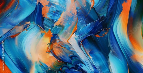Abstract Oil Painting with Vibrant Blue and Orange Hues