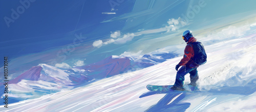 A snowboarder riding on the vast expanses, A fearless rider braves the snowy mountain, carving their way down the steep slope on their snowboard with skill and determination. 