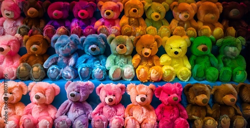 A vibrant array of colorful teddy bears, displayed in a spectrum of hues, from vibrant blues and greens to warm yellows and oranges, creating a delightful and visually captivating scene