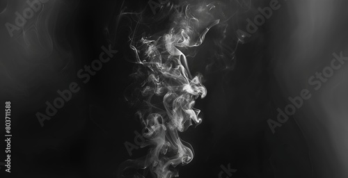 Abstract gray smoke swirls rising vertically on black background