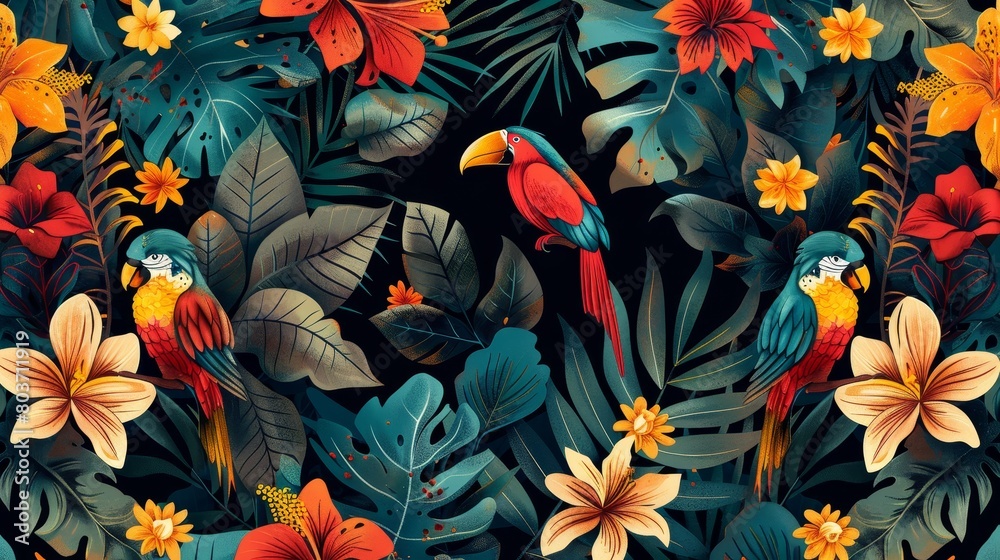 Seamless pattern influenced by vibrant colors of tropical rainforests Seamless pattern influenced by vibrant colors of tropical rainforests
