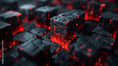 "Red Glowing Cubes: 3D Abstract Art"