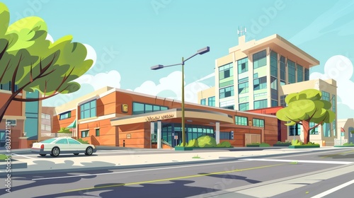 Hospital building and car passing by cartoons high definition coloful animation scenes. cartoons. Illustrations photo