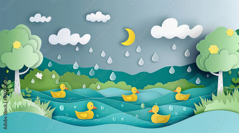 Obraz premium paper cut illustration of yellow duck with nature scenery in summer and rainy season