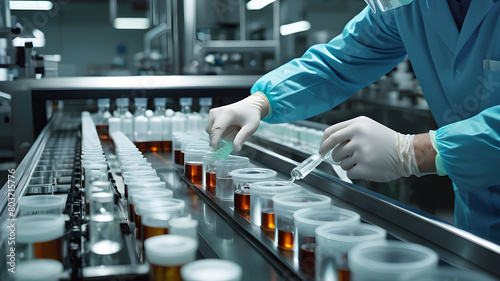 Pharmaceutical scientist wearing sterile gloves inspects medical vials on a production line conveyor belt in a drug manufacturing facility
