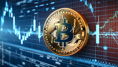 Bitcoin symbol with trading charts in the background