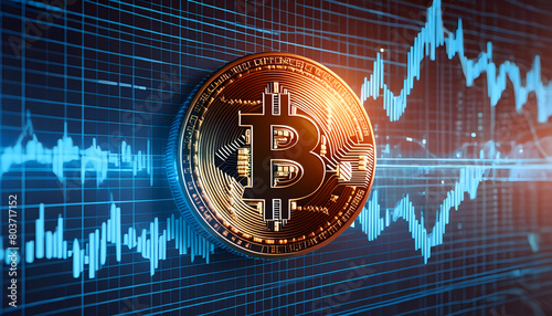 Bitcoin symbol with trading charts in the background