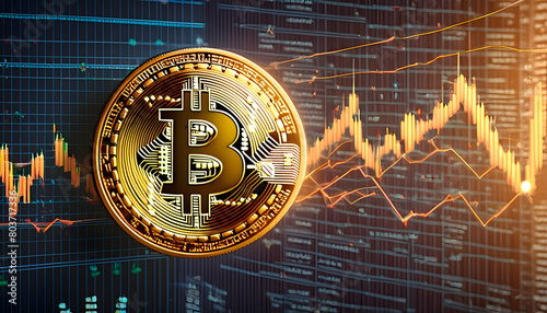 Bitcoin symbol with trading charts in the background