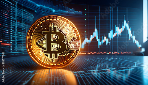 Bitcoin symbol with trading charts in the background