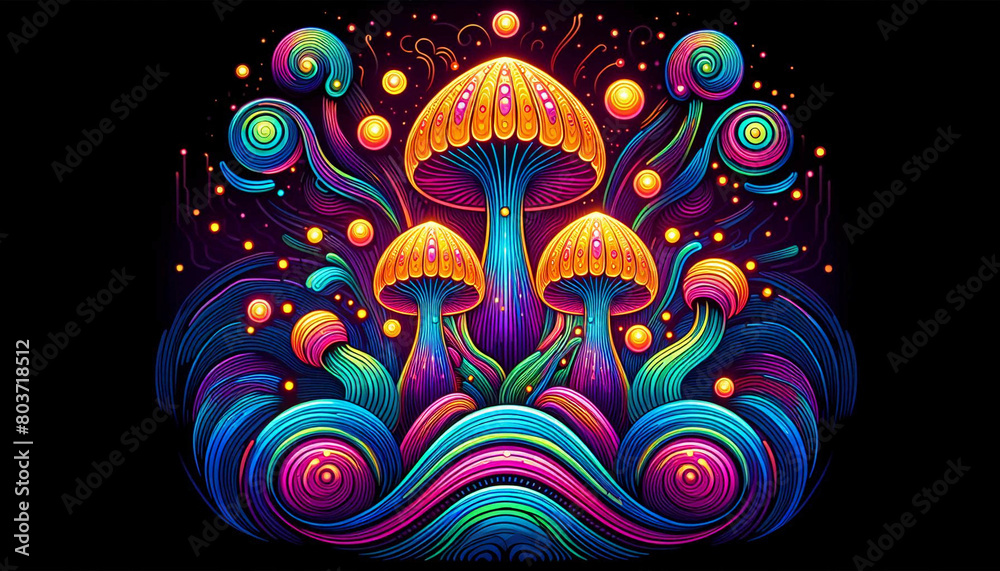 Fototapeta premium Neon rainbow mushrooms psychedelic swirls.