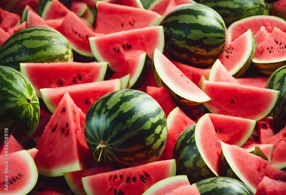 A vibrant display of whole and sliced watermelons, showcasing their juicy red flesh and black seeds. National Watermelon Day. A vibrant display of whole and sliced watermelons, showcasing their juicy red flesh and black seeds. National Watermelon Day.