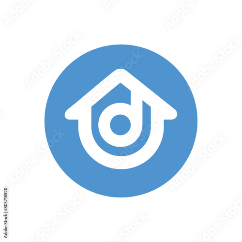 Letter d house logo icon design, alphabet d home logo on circle blue shape