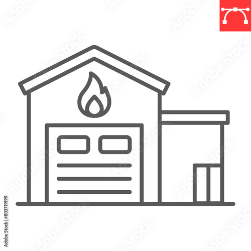 Fire station line icon, building and architecture, firehouse vector icon, vector graphics, editable stroke outline sign, eps 10.