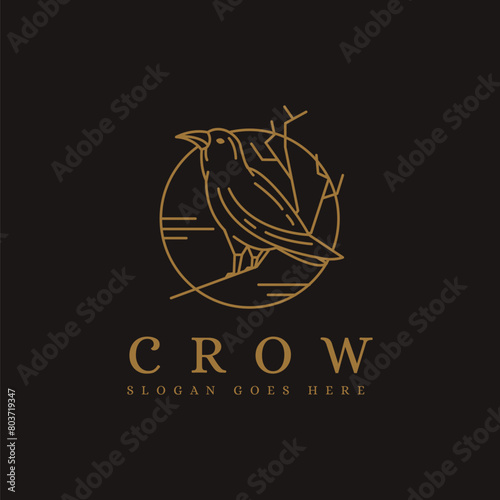 Lineart raven crow bird logo icon vector illustration on dark background