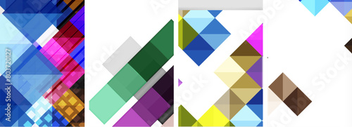 A vibrant display of creative arts featuring a variety of shapes and colors such as purple rectangles, violet triangles, magenta tints, and symmetrical patterns on a white background