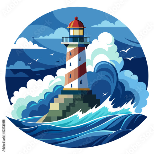 Show a majestic lighthouse standing tall amidst crashing waves, guiding ships safely through the night with its beacon of light