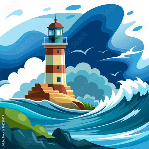 Show a majestic lighthouse standing tall amidst crashing waves, guiding ships safely through the night with its beacon of light