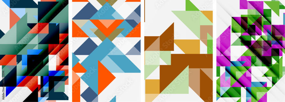 A creative arts project featuring a collage of four different colored triangles Brown, Azure, Orange, and Aqua on a white textile background A creative arts project featuring a collage of four different colored triangles Brown, Azure, Orange, and Aqua on a white textile background