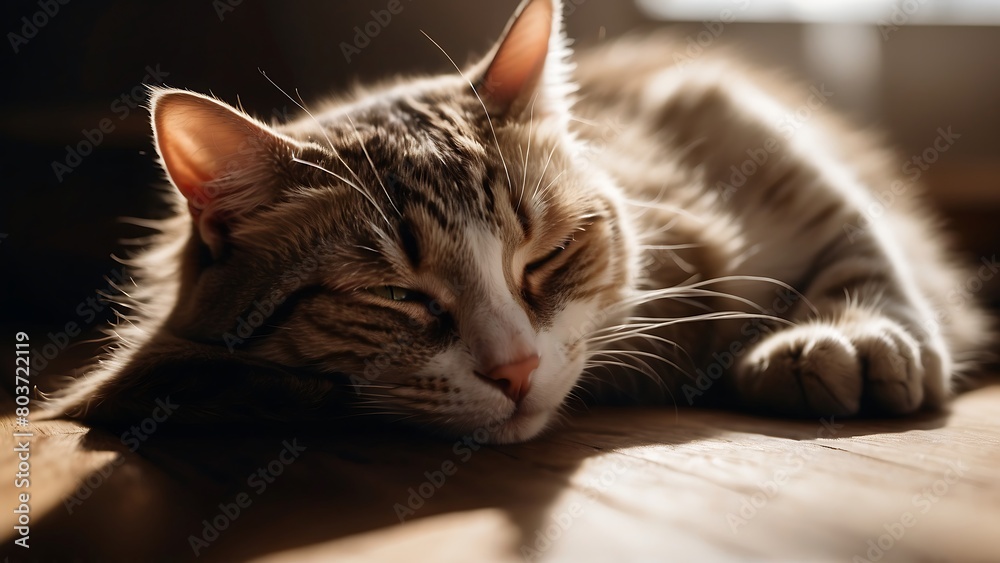 Beautiful cat lying on bed at home, closeup. Lovely pet