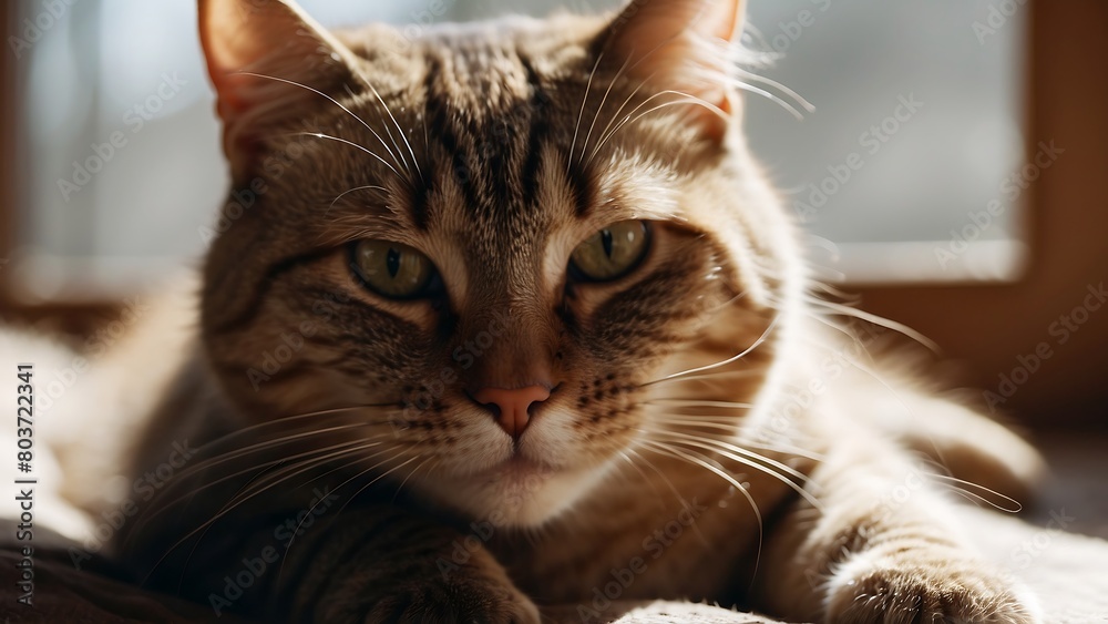 Beautiful cat lying on bed at home, closeup. Lovely pet