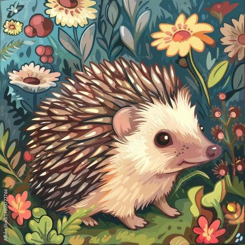 Hand-drawn cute hedgehog cartoon illustrations of puppies playing in the park