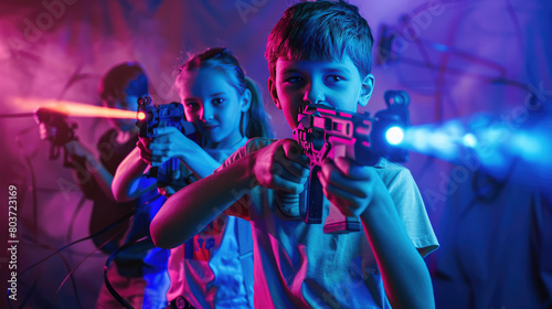Children Having a Blast in Action-Packed Game with Laser Gun