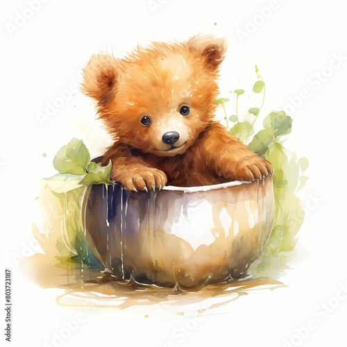 Bear cub. Bear with honeypot clipart. Watercolor illustration. Generative AI. Detailed illustration. photo
