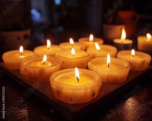 A table with candles in small containers