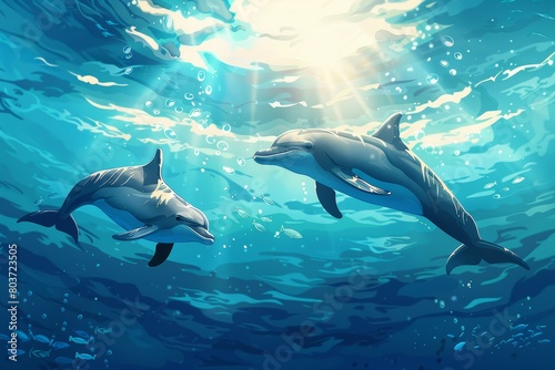 Hand-drawn cute dolphins cartoon illustrations of puppies playing in the water