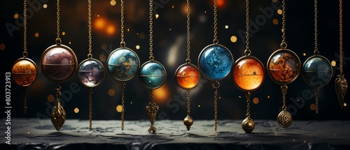 solar system necklaces, on a gradient space background, with scattered comet models photo