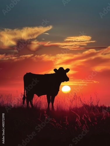 A cow is standing in a field at sunset © Natthakan