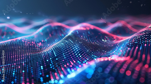 abstract Kinetic particle waves, with small, Neon wave lines, bokeh lights on abstract background for futuristic data transfer concept and colorful dots moving in wave-like patterns. 