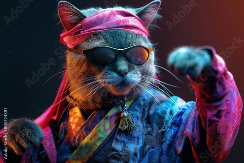 Stealthy ninja cat in colorful fashion attire, striking a pose in a 3D closeup view