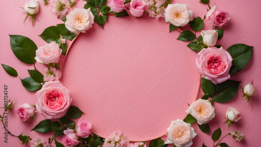 Top view of white empty circle and spring flowers pink roses on pink background with copy space